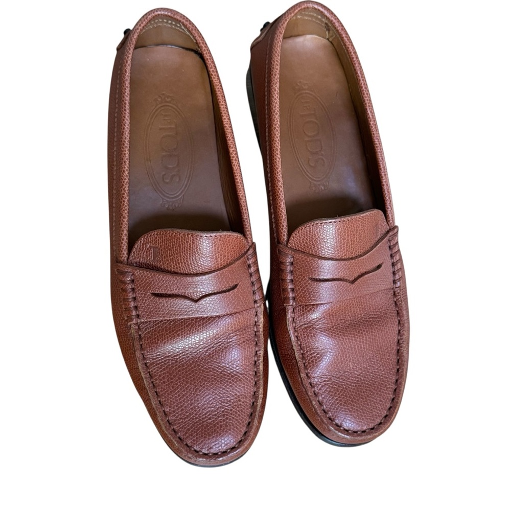 Tod's Penny Driving Loafers Brown Grained Leather Slip-On Flats Size 37